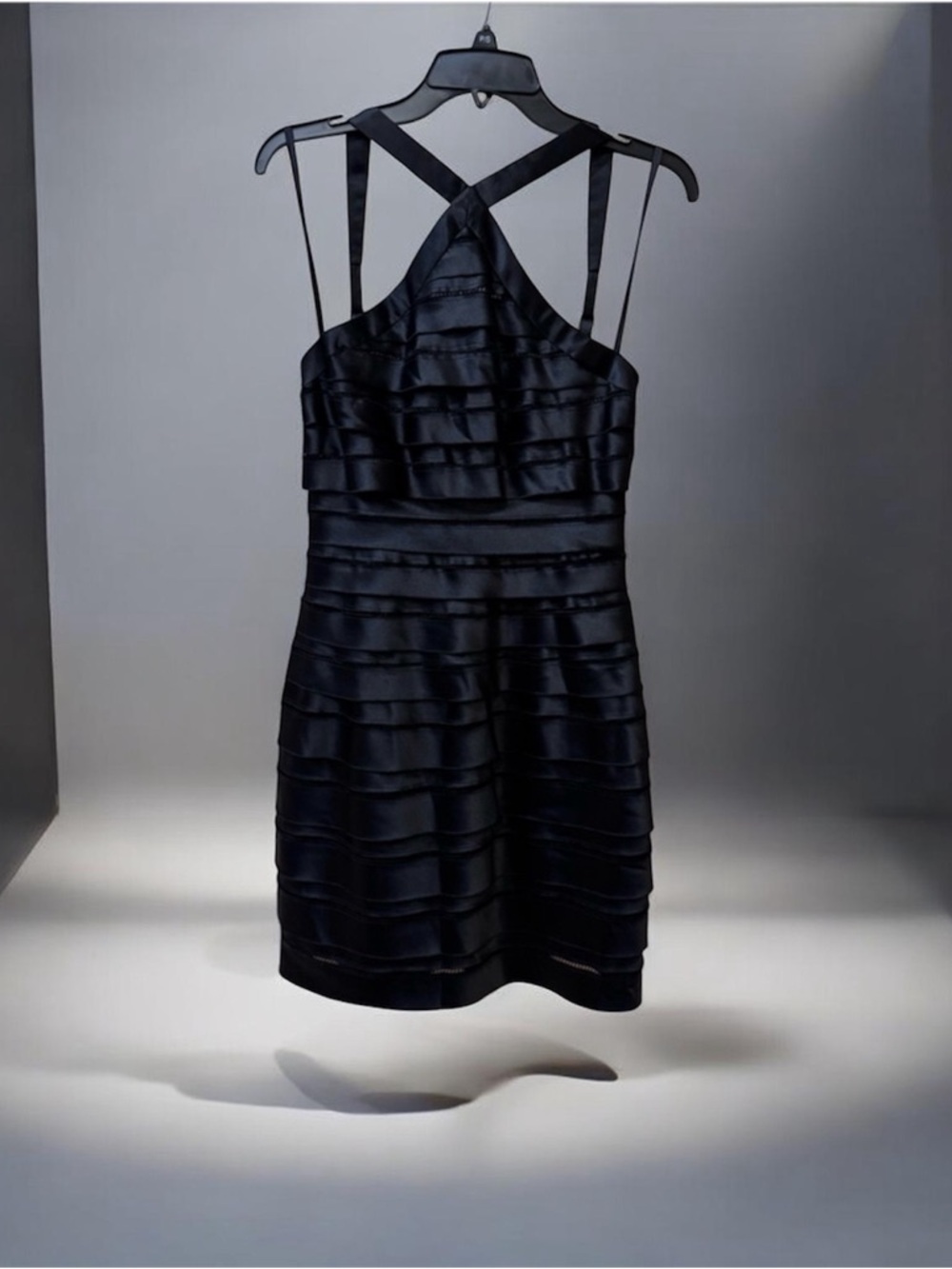 BCBGMAXAZRIA Black Pleated Tiered Layered Halter satin Dress in size 6